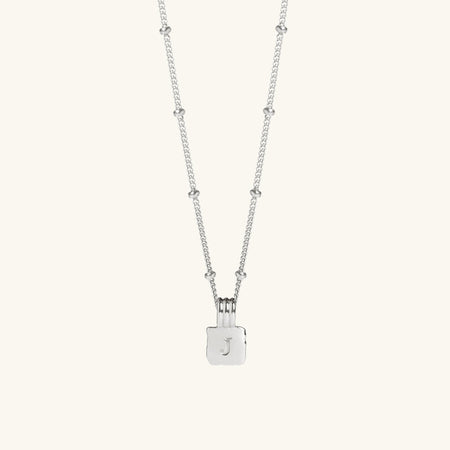 Mini Initial Square Charm Necklace Silver With Bead Chain